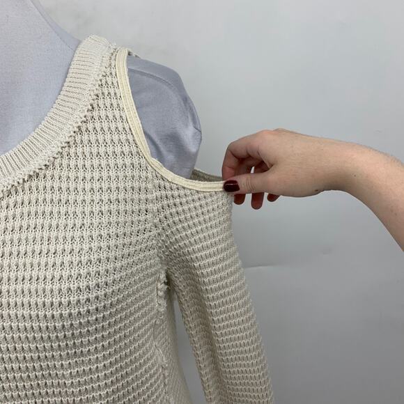 Free People Sweater Womens XS Ivory Sunrise Waffle Knit Cold Shoulder Pullover - Picture 6 of 11